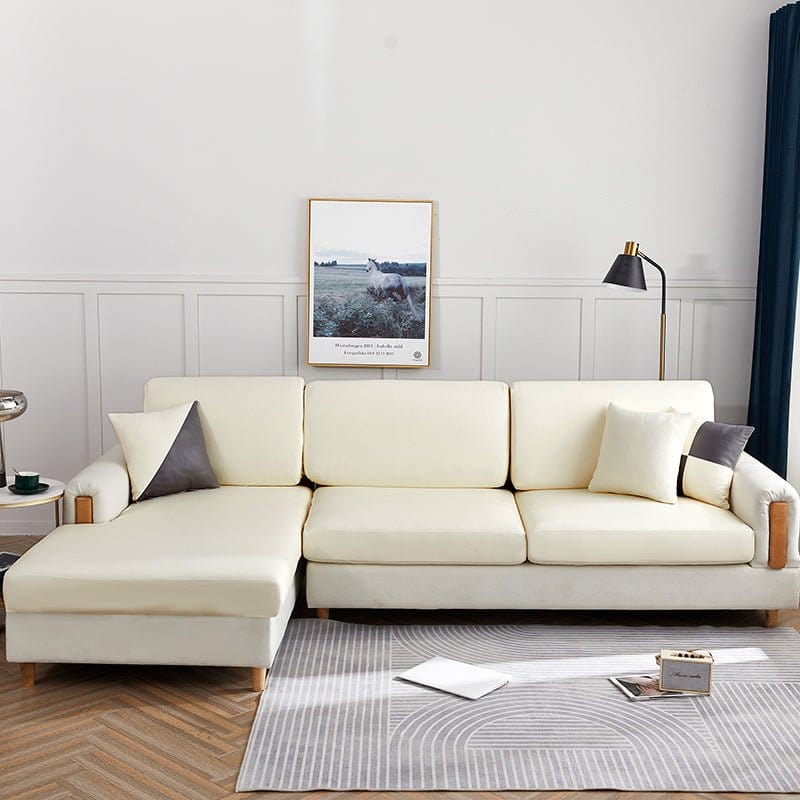 Faux leather sofa cushion cover, Ivory, fitted on a sofa's seat and back cushions