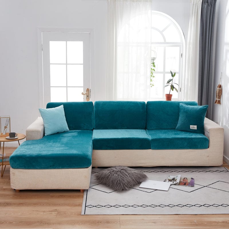 Velvet sofa cushion cover, Peacock blue, fitted on a sofa's seat and back cushions