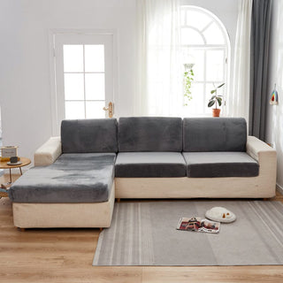 Velvet sofa cushion cover, Slate grey, fitted on a sofa's seat and back cushions