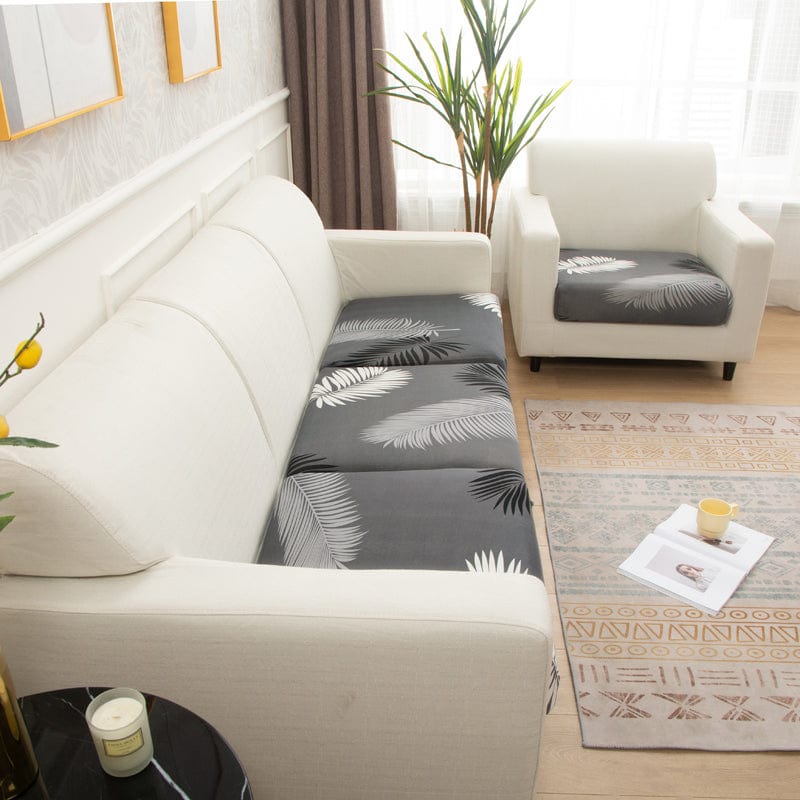 Stretch sofa cushion cover, Grey palm leaves, fitted on a sofa's seat and back cushions