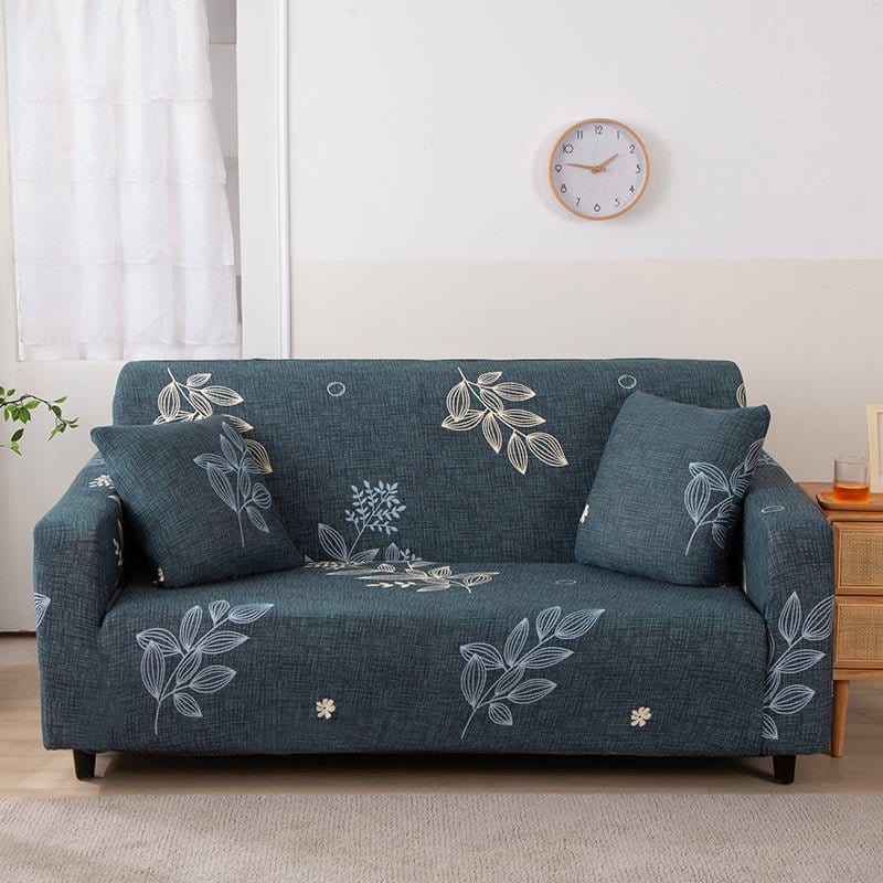 Water-repellent sofa cover, Slate blue with white leaves