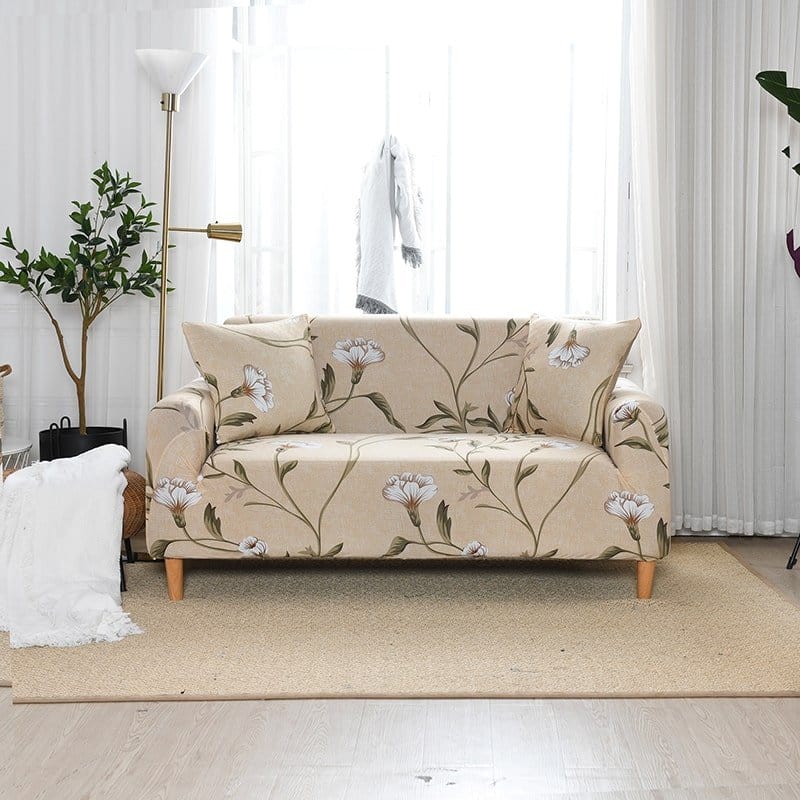 Water-repellent sofa cover, Ecru with white flowers
