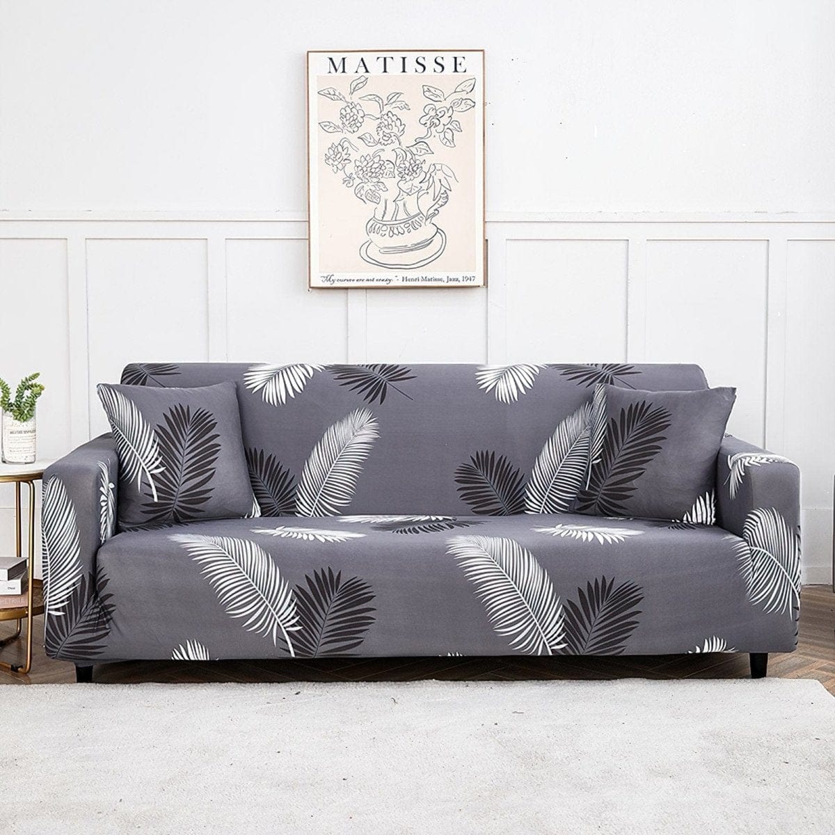 Stretch sofa cover, Grey palm leaves