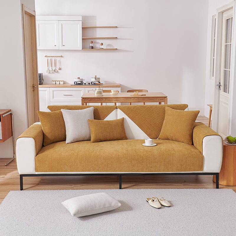 EasyCover chenille sofa cover, Camel, fitted on a sofa