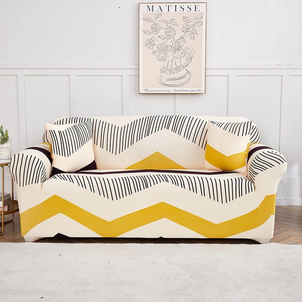 Stretch sofa cover, Ecru with yellow chevrons