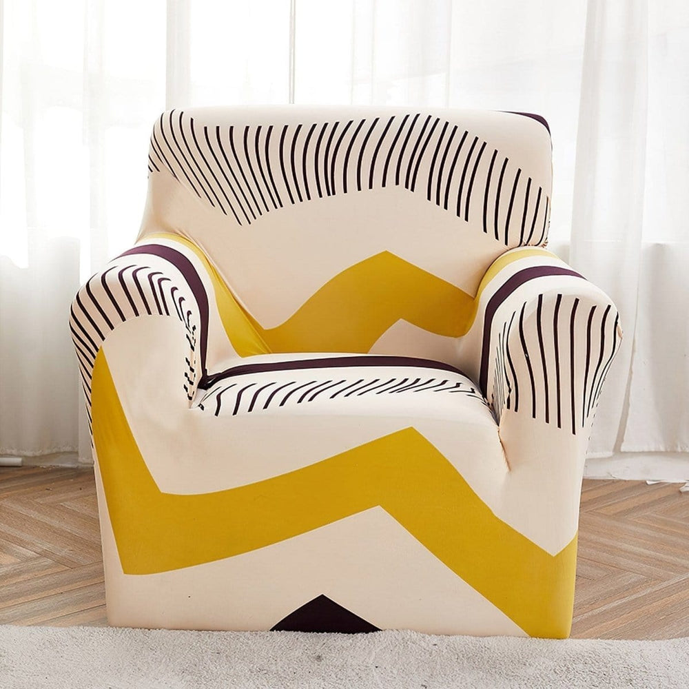 Stretch armchair cover, Ecru with yellow chevrons