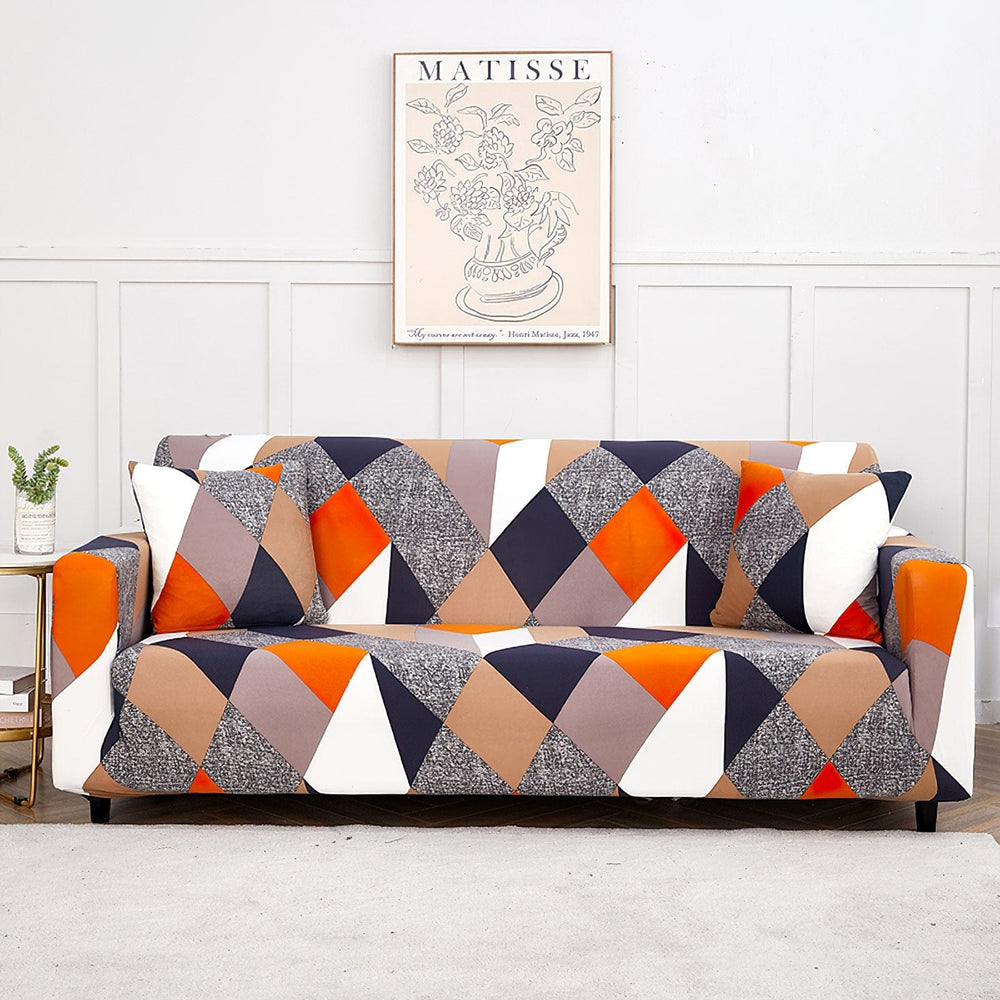 Stretch sofa cover, Orange and navy patchwork