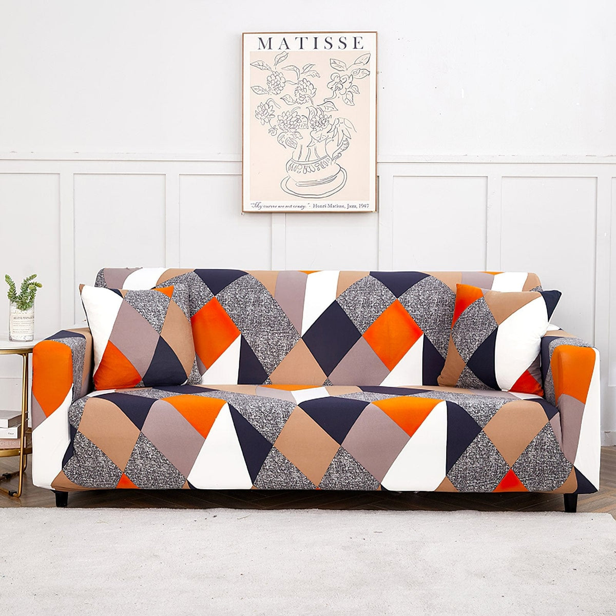 Stretch sofa cover, Orange and navy patchwork