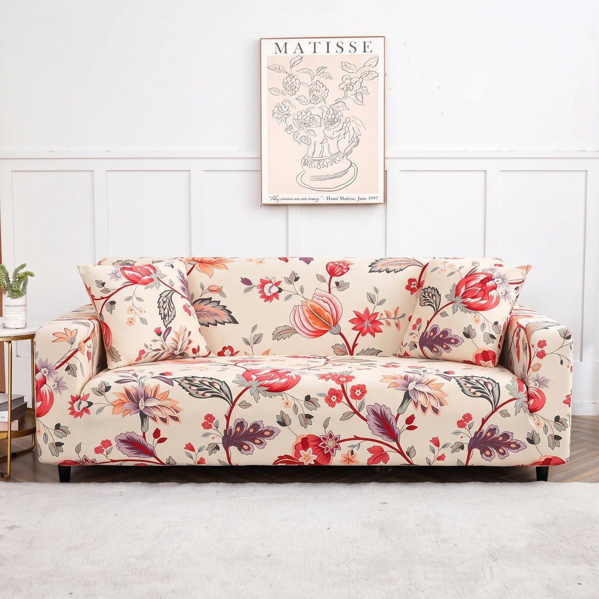 Stretch sofa cover, Ecru red floral
