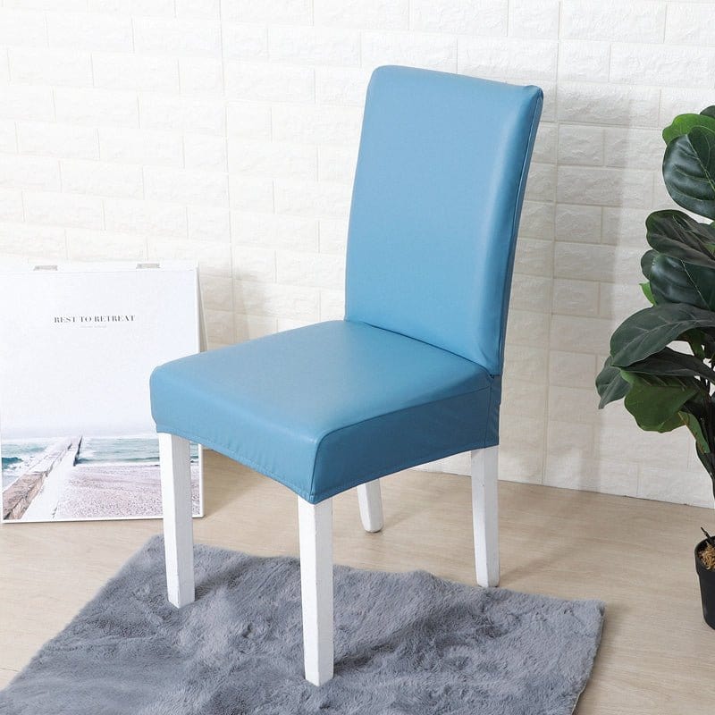 Faux leather dining chair cover, Azure blue, fitted on a dining chair
