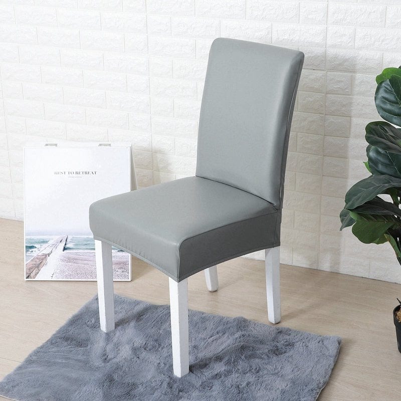 Faux leather dining chair cover, Pebble grey, fitted on a dining chair