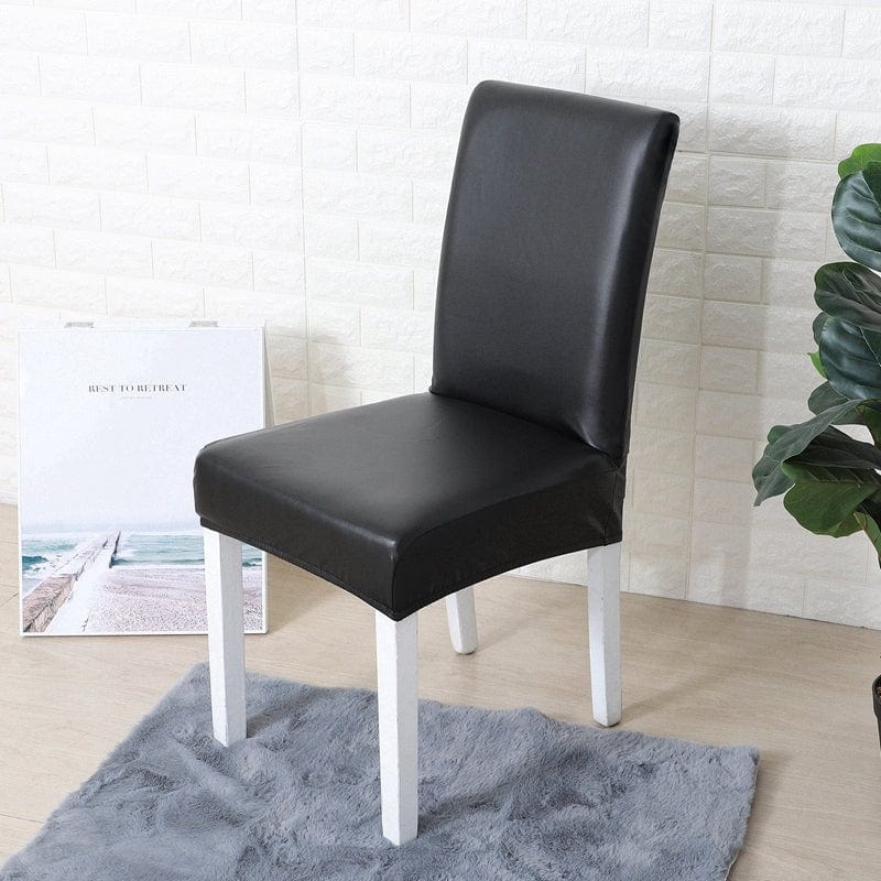 Faux leather dining chair cover, Onyx black, fitted on a dining chair