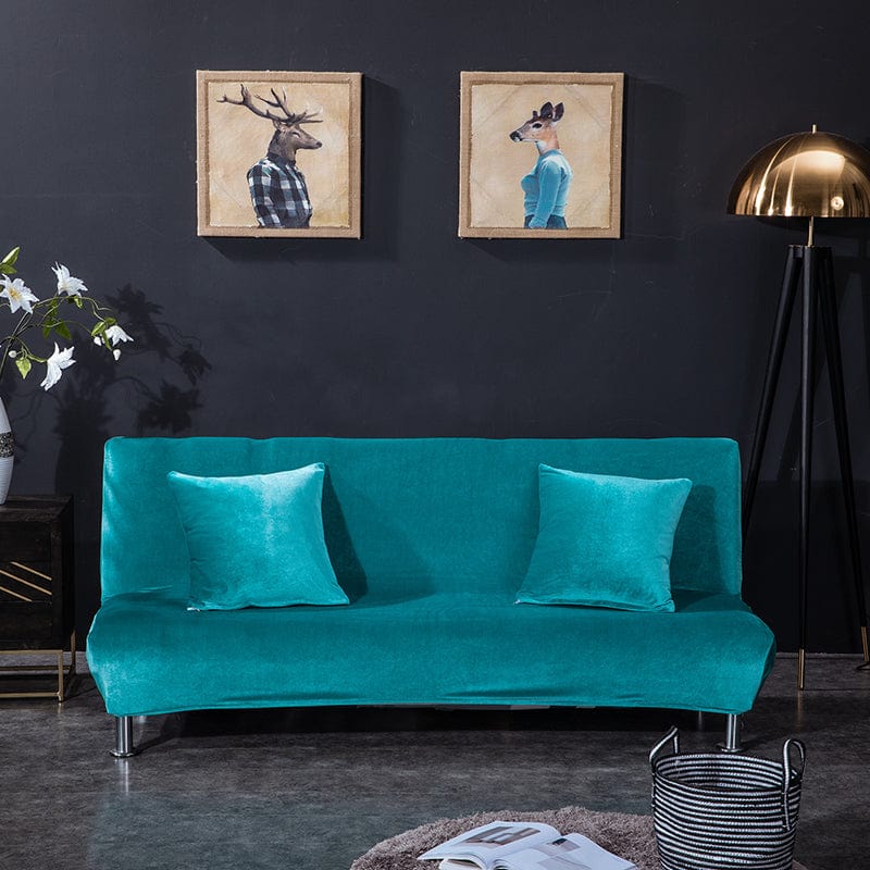 Velvet click-clack sofa bed cover, Peacock blue, fitted on a click-clack sofa bed