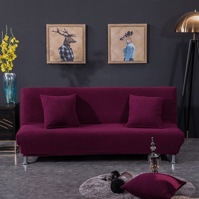 Water-repellent click-clack sofa bed cover, Plum, fitted on a click-clack sofa bed