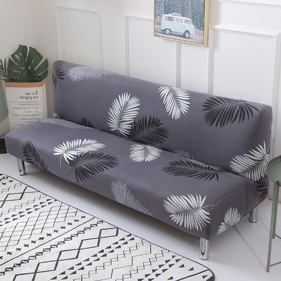 Stretch click-clack sofa bed cover, Grey palm leaves, fitted on a click-clack sofa bed