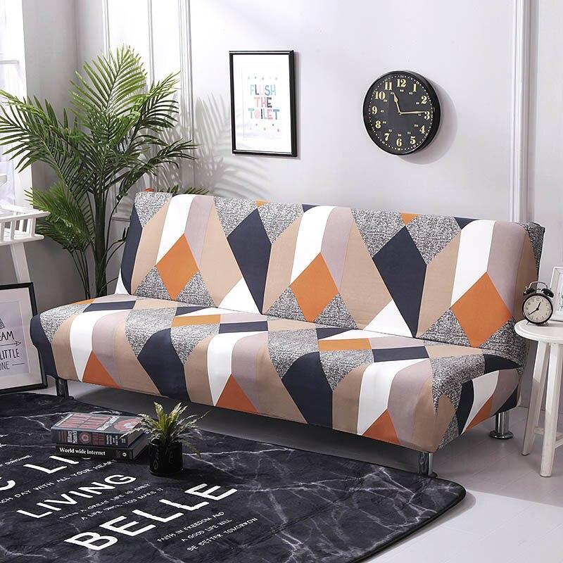 Stretch click-clack sofa bed cover, Orange and navy patchwork, fitted on a click-clack sofa bed