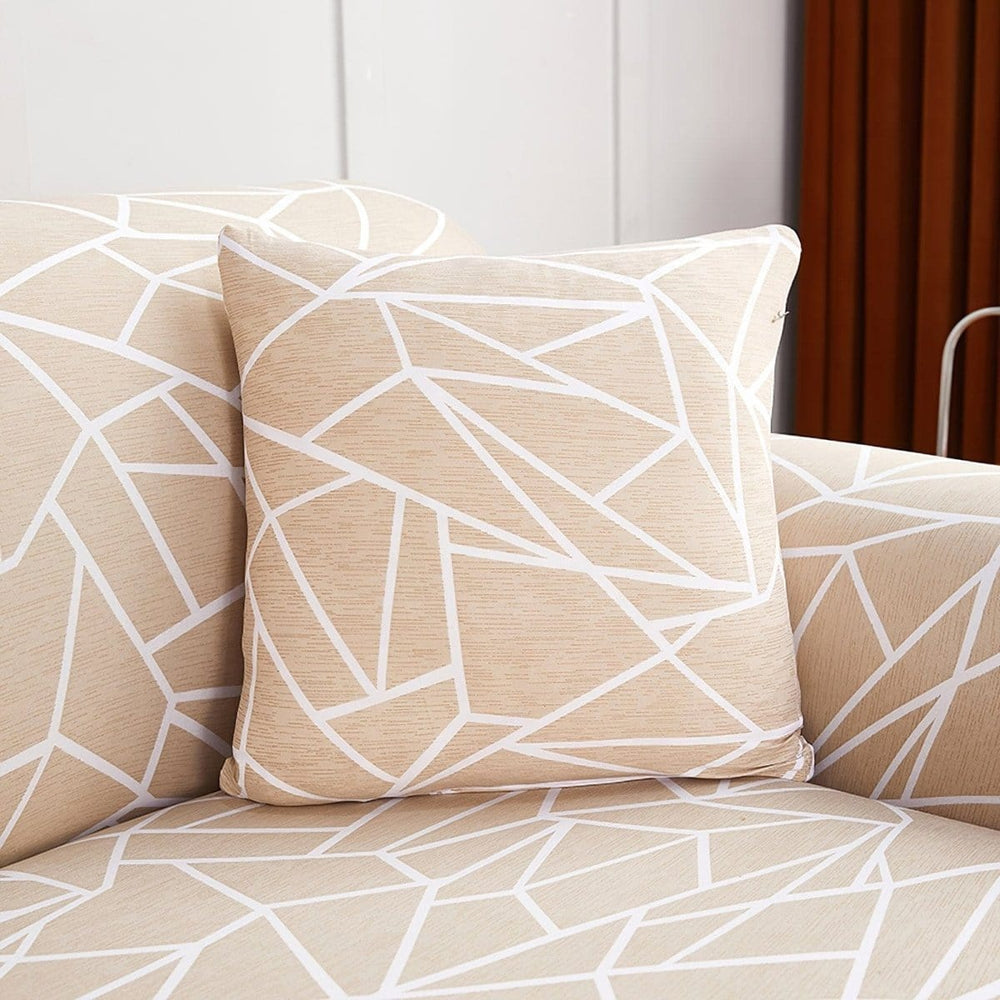Stretch cushion covers 45 × 45 cm (18 in), pack of 2, Beige geometric, fitted on a sofa