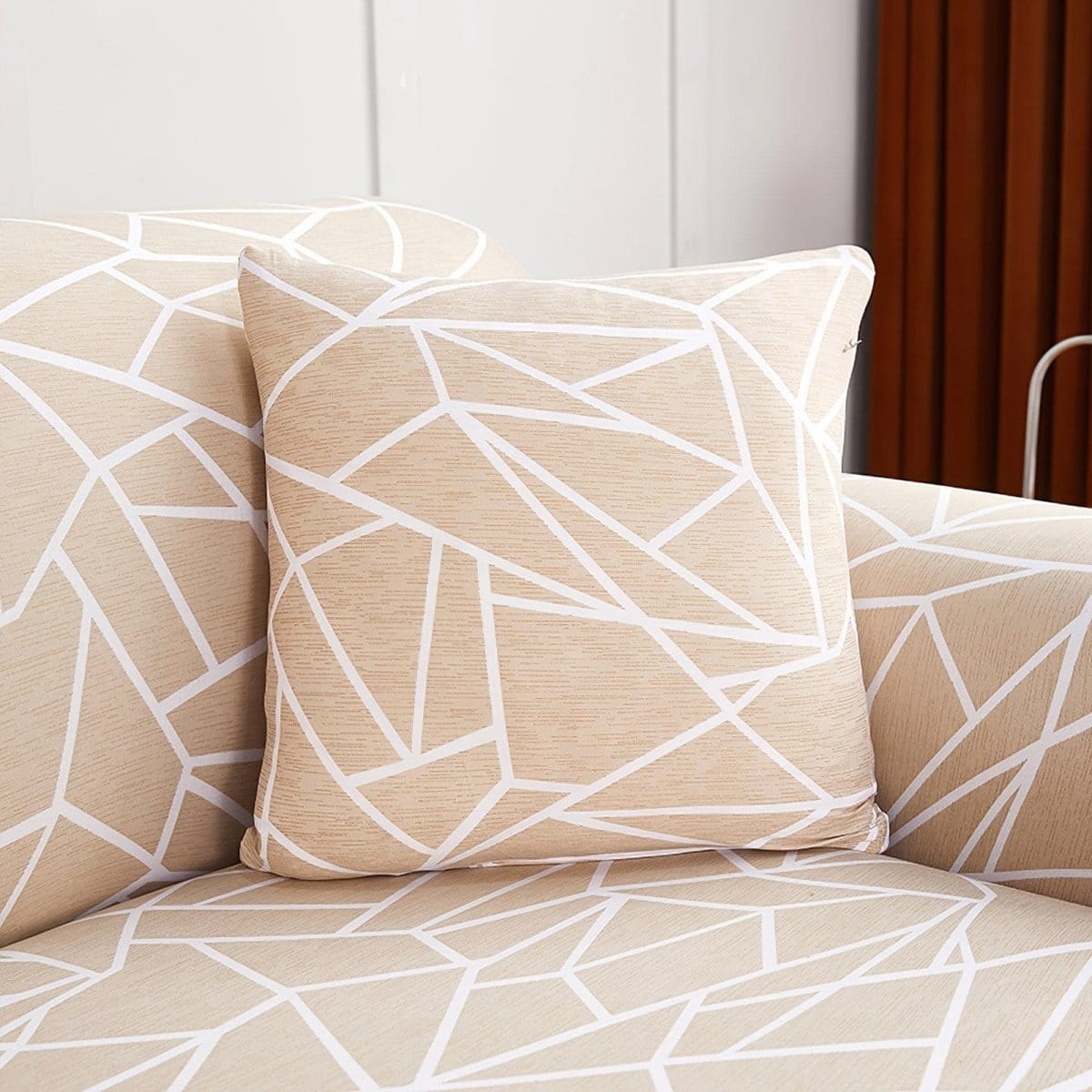 Stretch cushion covers 45 × 45 cm (18 in), pack of 2, Beige geometric, fitted on a sofa