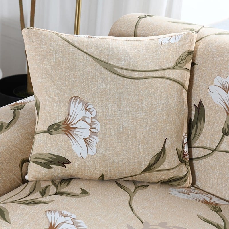 Water-repellent cushion covers 45 × 45 cm (18 in), pack of 2, Ecru with white flowers, fitted on a sofa