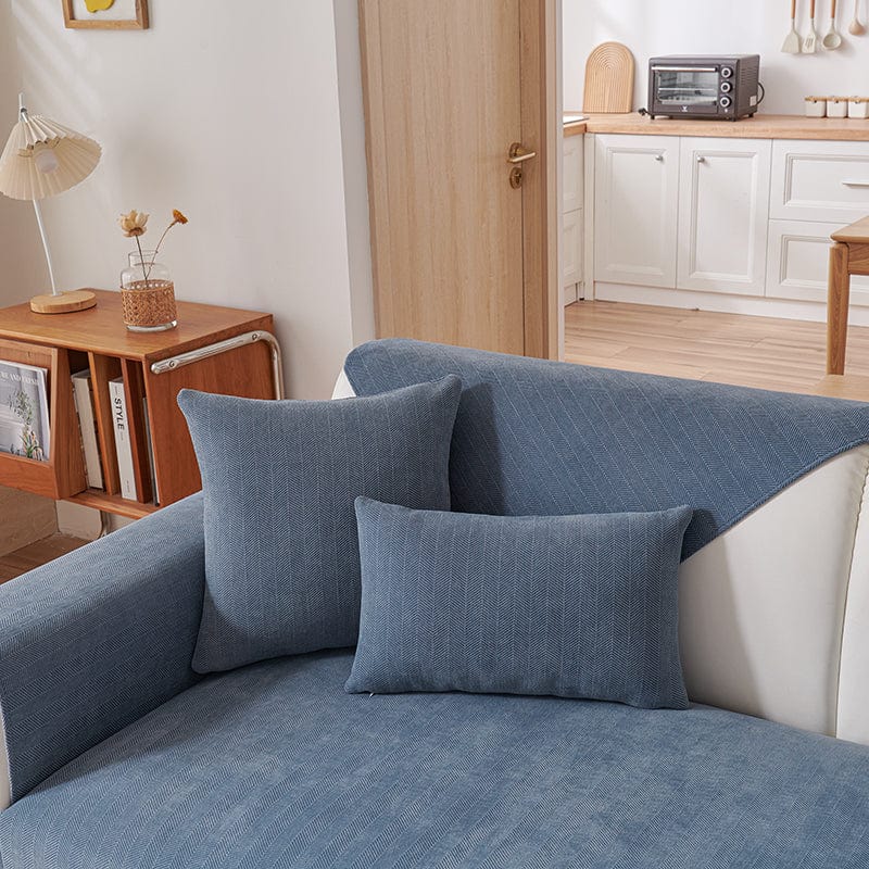 EasyCover chenille cushion cover, single, Blue chenille, fitted on a sofa