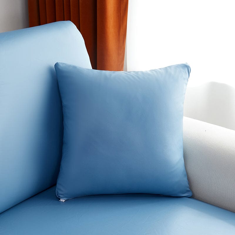 Faux leather cushion cover 40 × 40 cm (16 in), single, Azure blue, fitted on a sofa