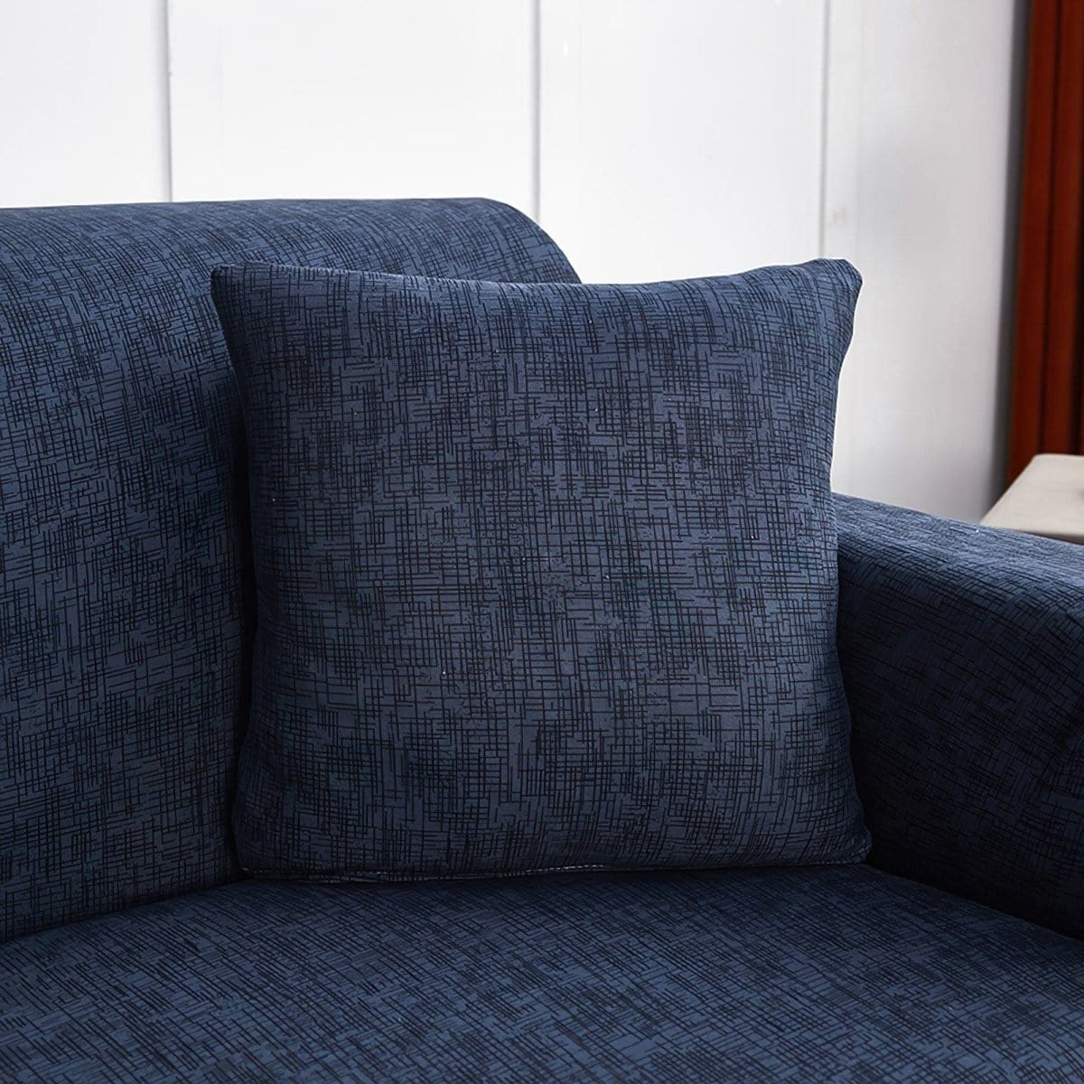 Stretch cushion covers 45 × 45 cm (18 in), pack of 2, Navy marl, fitted on a sofa