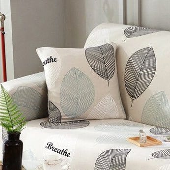 Stretch cushion covers 45 × 45 cm (18 in), pack of 2, Ecru with grey foliage, fitted on a sofa