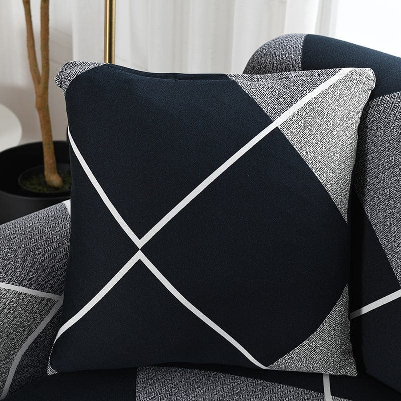 Water-repellent cushion covers 45 × 45 cm (18 in), pack of 2, Black graphic facets, fitted on a sofa