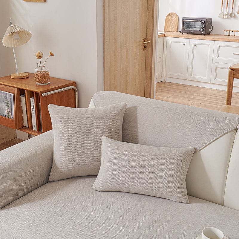 EasyCover chenille cushion cover, single, Ecru, fitted on a sofa