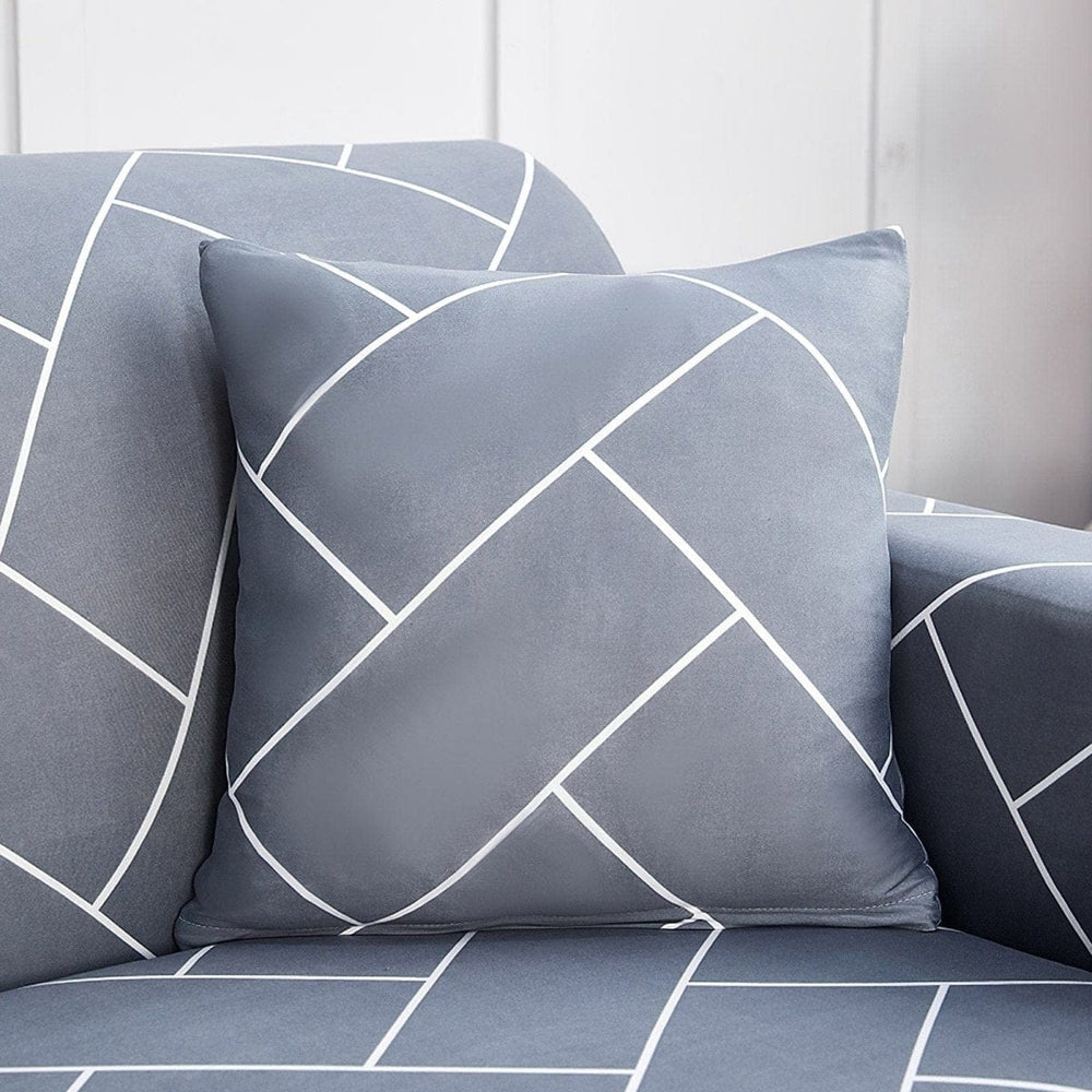Stretch cushion covers 45 × 45 cm (18 in), pack of 2, Grey chevron, fitted on a sofa