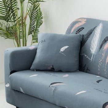 Stretch cushion covers 45 × 45 cm (18 in), pack of 2, Blue-grey feathers, fitted on a sofa