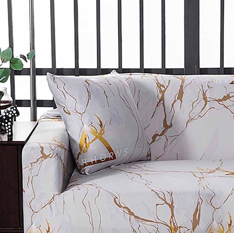 Stretch cushion covers 45 × 45 cm (18 in), pack of 2, White and gold marble, fitted on a sofa