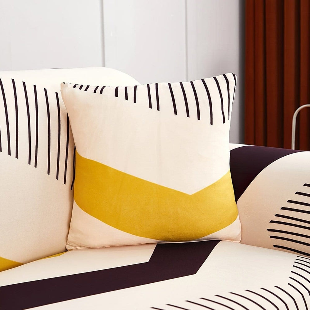 Stretch cushion covers 45 × 45 cm (18 in), pack of 2, Ecru with yellow chevrons, fitted on a sofa