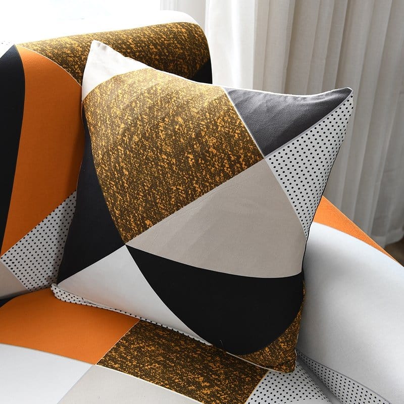 Water-repellent cushion covers 45 × 45 cm (18 in), pack of 2, Brown and beige geometric, fitted on a sofa