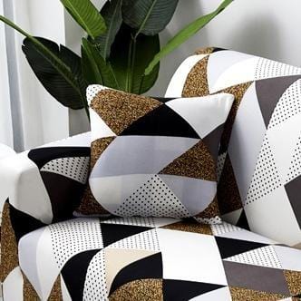 Stretch cushion covers 45 × 45 cm (18 in), pack of 2, Brown and black patchwork, fitted on a sofa