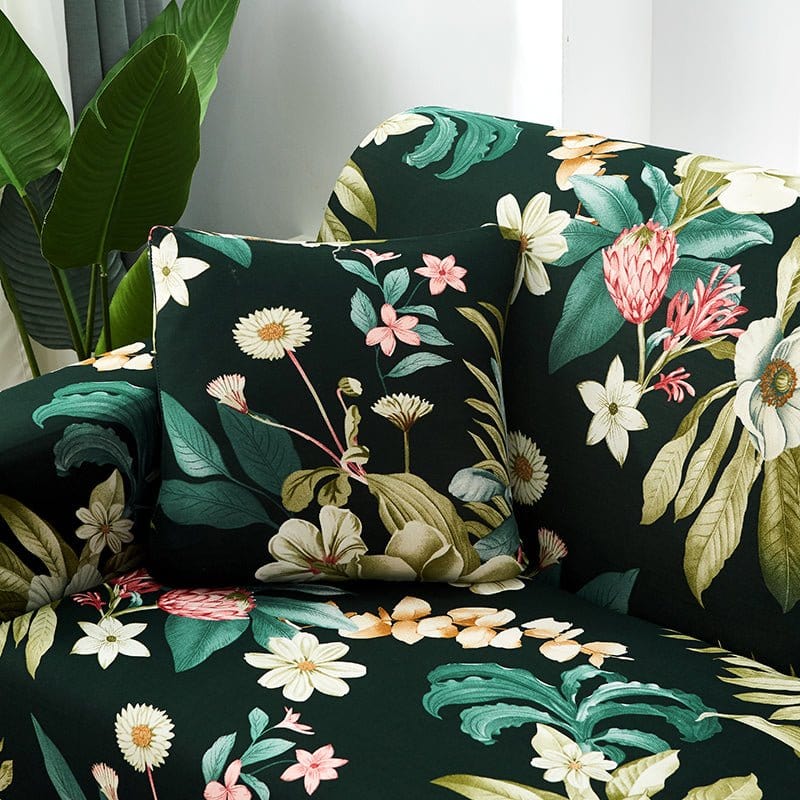 Stretch cushion covers 45 × 45 cm (18 in), pack of 2, Black tropical floral, fitted on a sofa