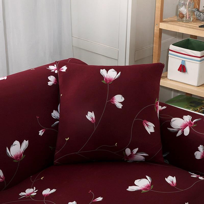 Stretch cushion cover 45 × 45 cm (18 in), single, Burgundy floral, fitted on a sofa