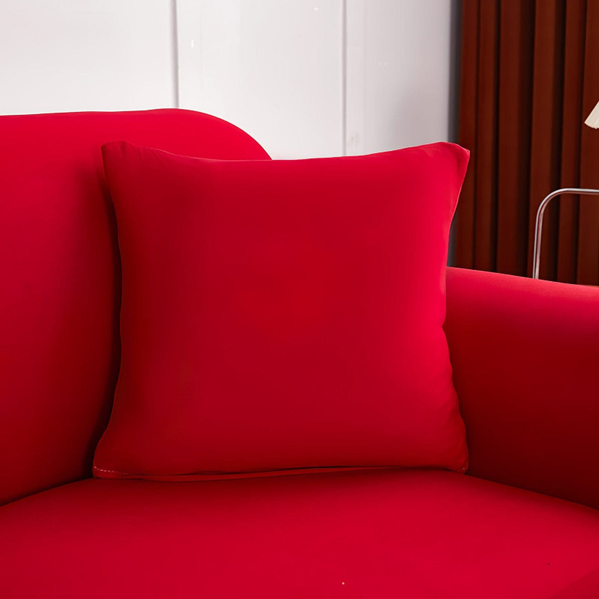Stretch cushion covers 45 × 45 cm (18 in), pack of 2, Red, fitted on a sofa