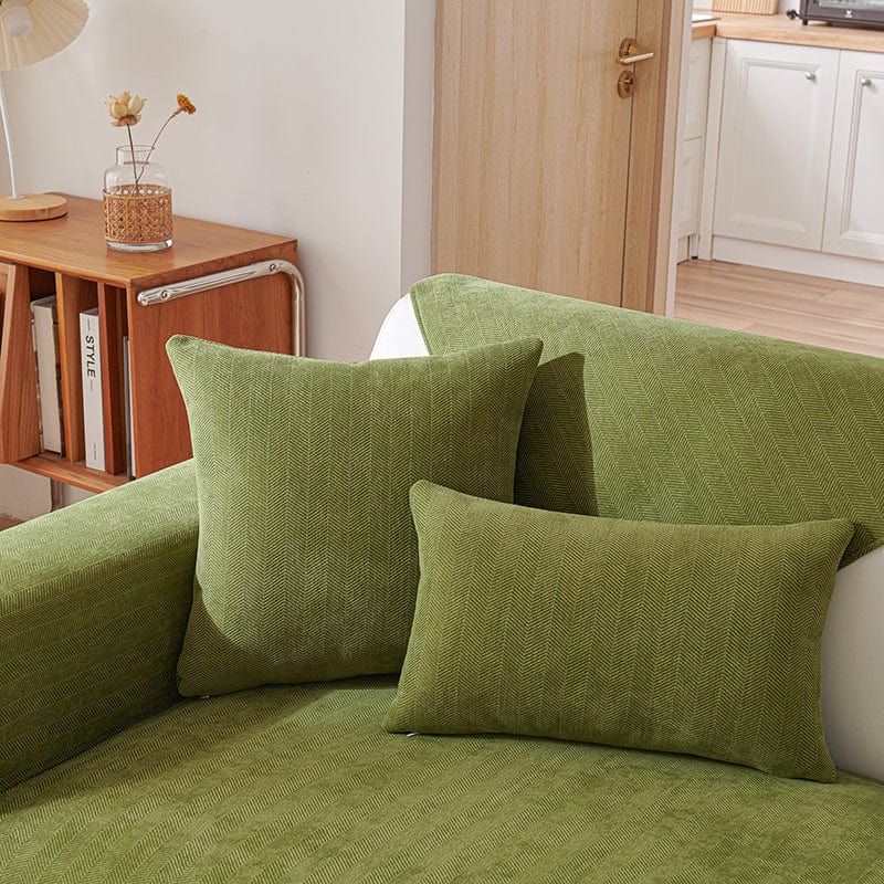 EasyCover chenille cushion cover, single, Olive, fitted on a sofa