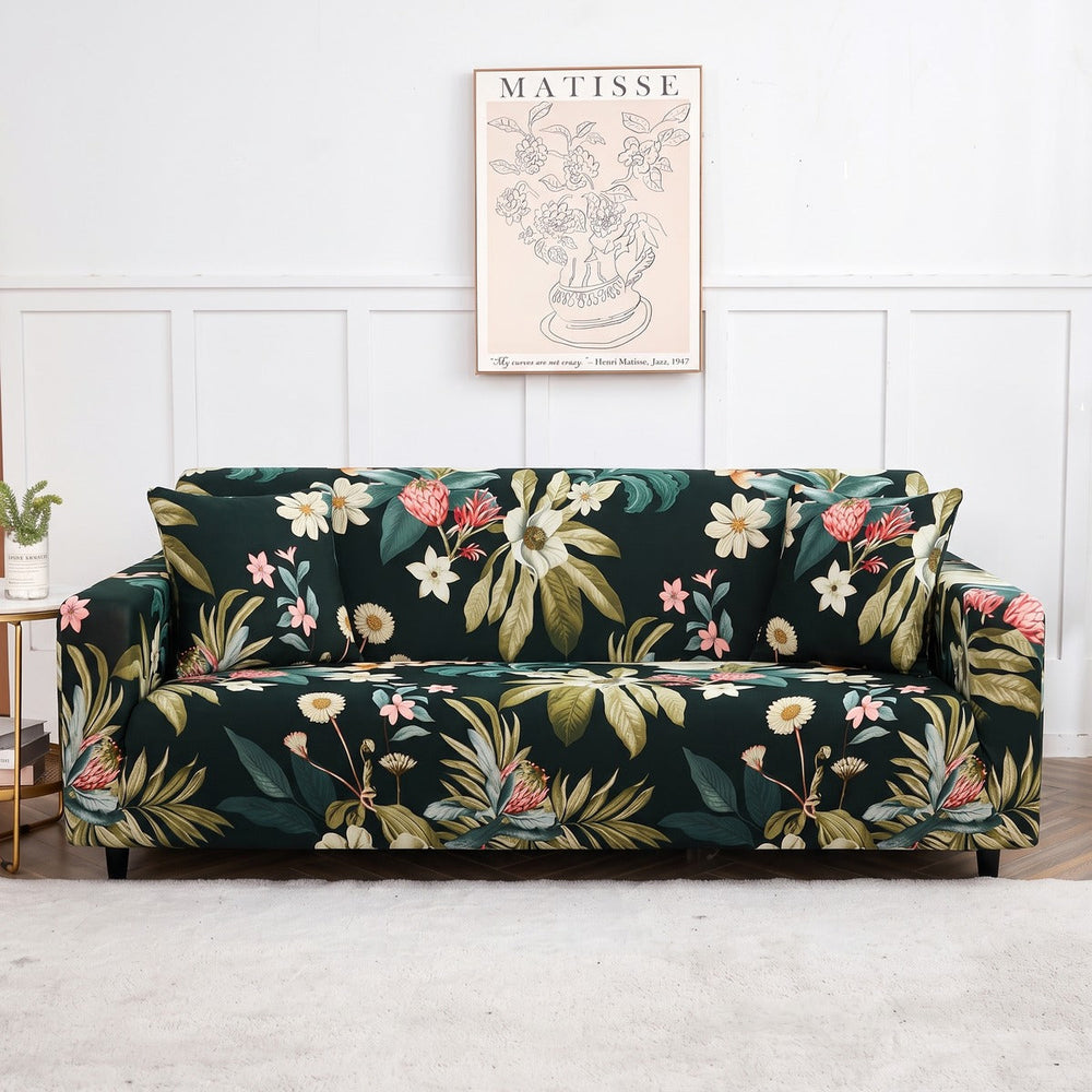 Stretch sofa cover, Black tropical floral