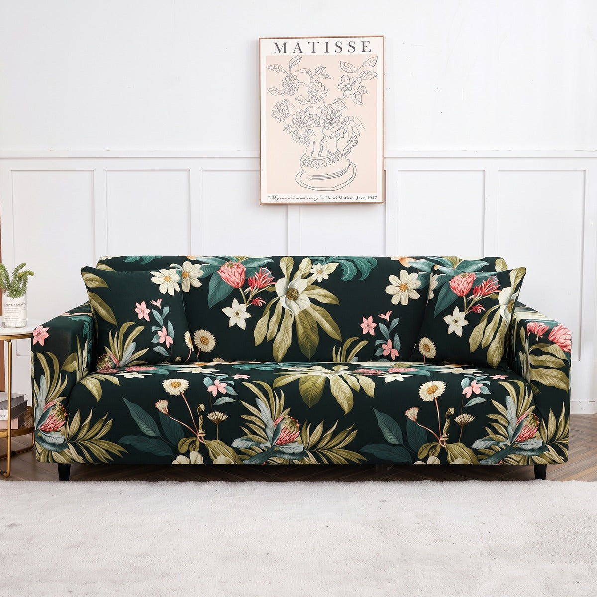 Stretch sofa cover, Black tropical floral