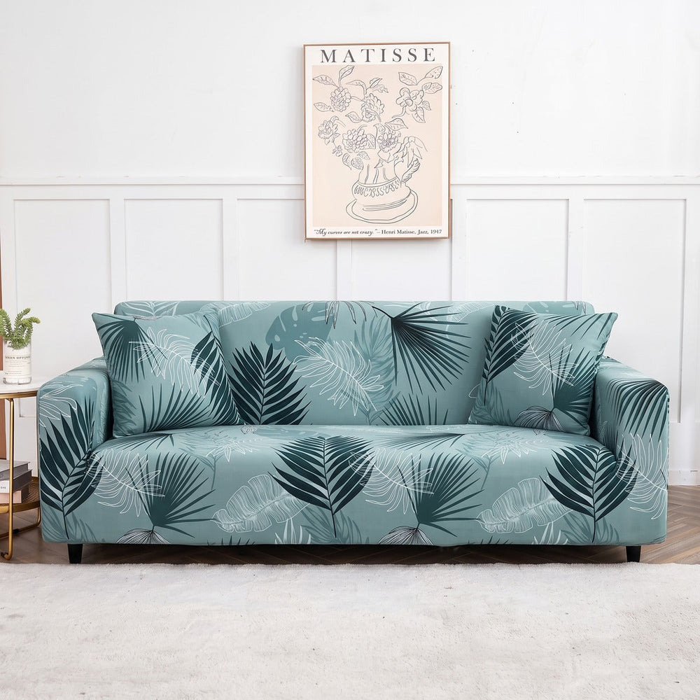 Stretch sofa cover, Green palm leaves