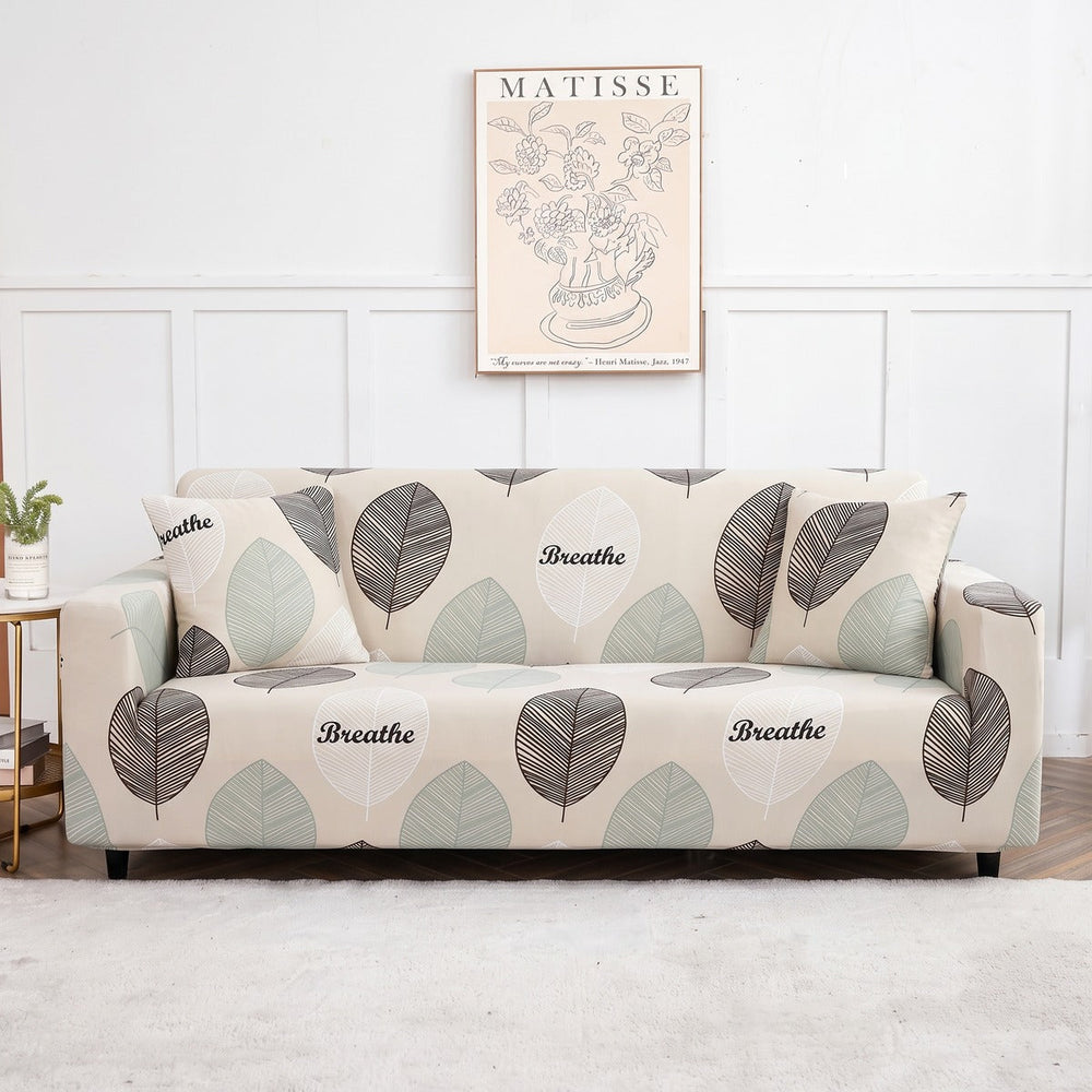 Stretch sofa cover, Ecru with grey foliage
