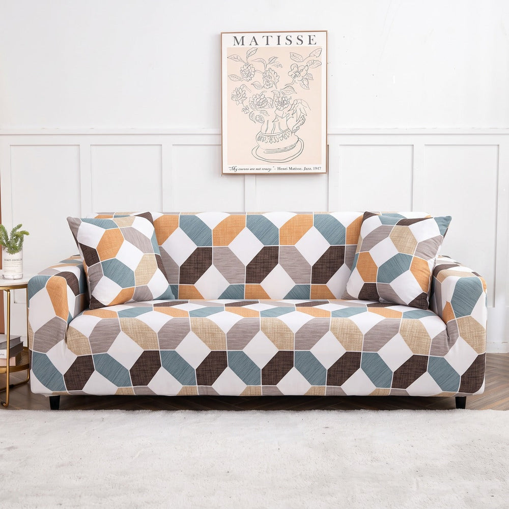 Stretch sofa cover, Terracotta and blue geometric