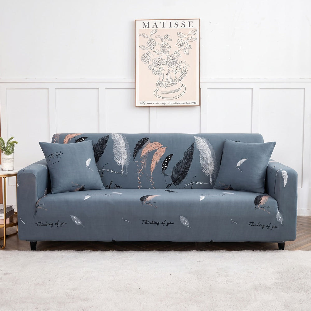 Stretch sofa cover, Blue-grey feathers