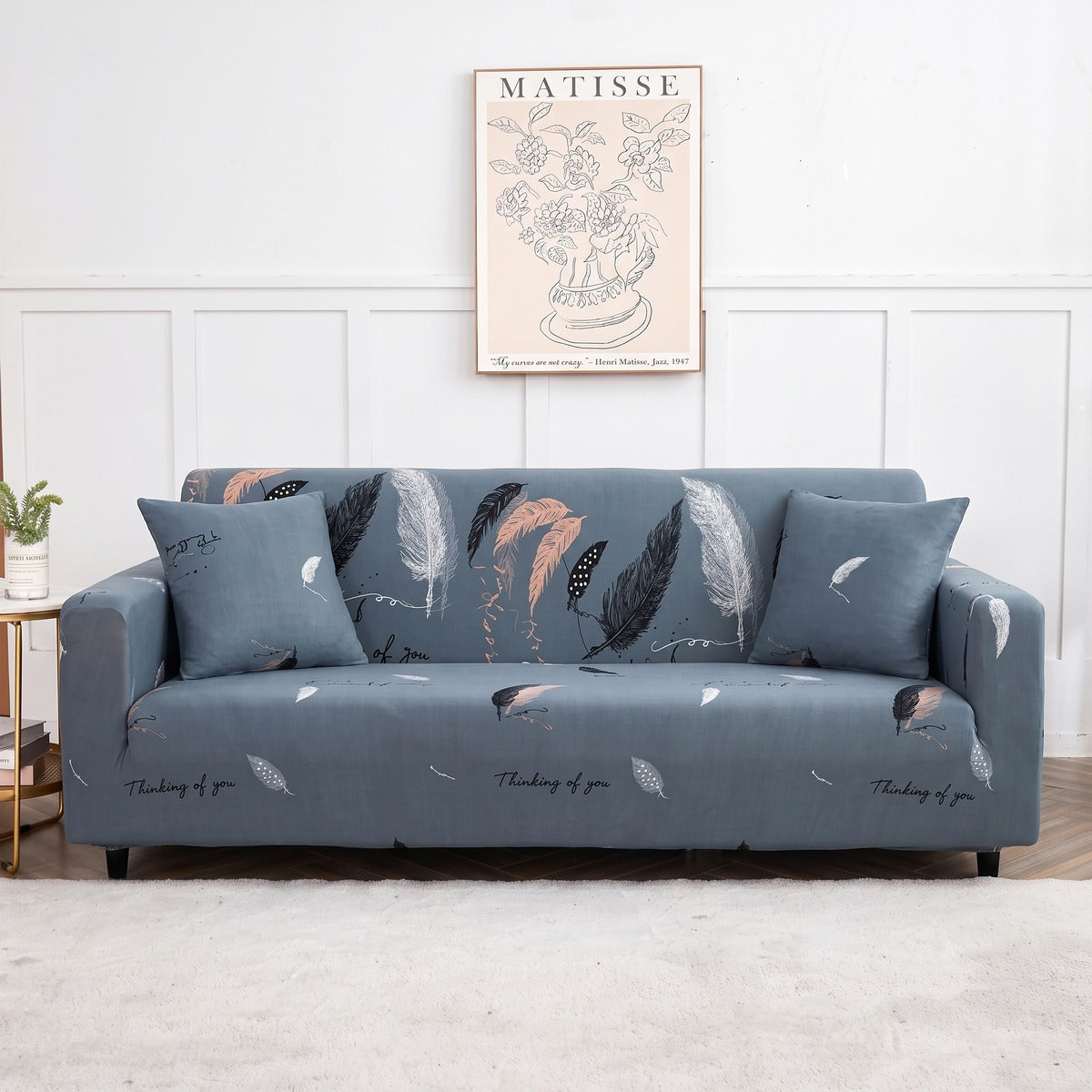 Stretch sofa cover, Blue-grey feathers