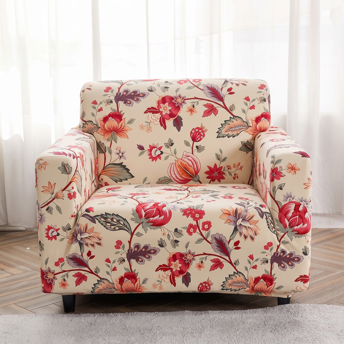 Stretch armchair cover, Ecru red floral