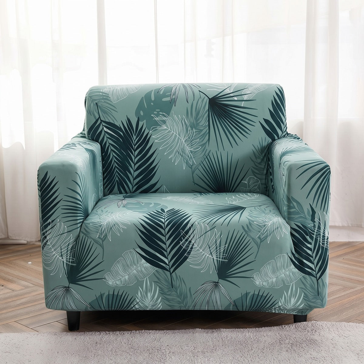 Stretch armchair cover, Green palm leaves