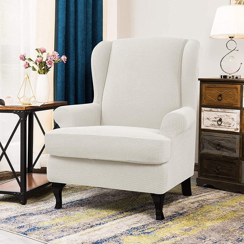 Water-repellent wingback chair cover, Ecru, fitted on a wingback chair