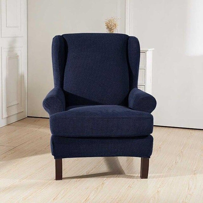 Water-repellent wingback chair cover, Navy blue, fitted on a wingback chair